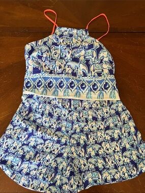 Lilly Pulitzer Blue & White Elephant Print Romper with Straps size 2